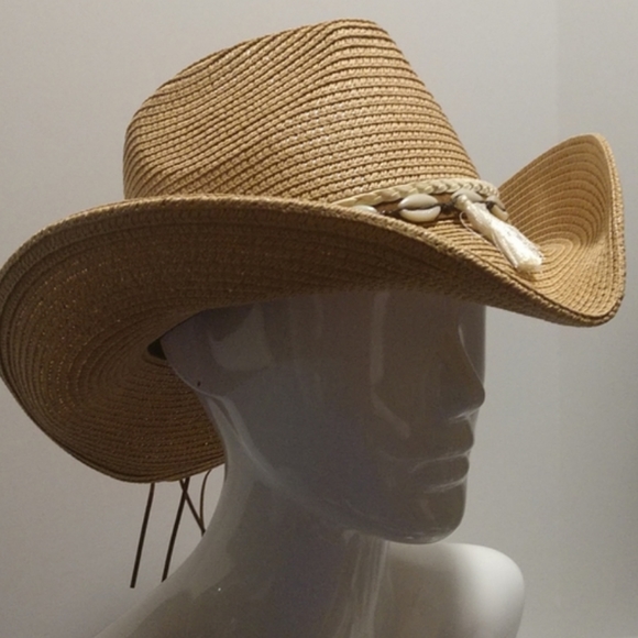 Unisex Western Straw Sun Hat Cowrie Cowry Shells 3.5" Wide Brim Khaki Tan Boho - Picture 6 of 14